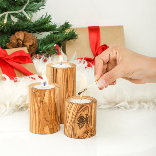 LumiHome – Handcrafted Olive Wood Candle Holder Set (3 pcs)